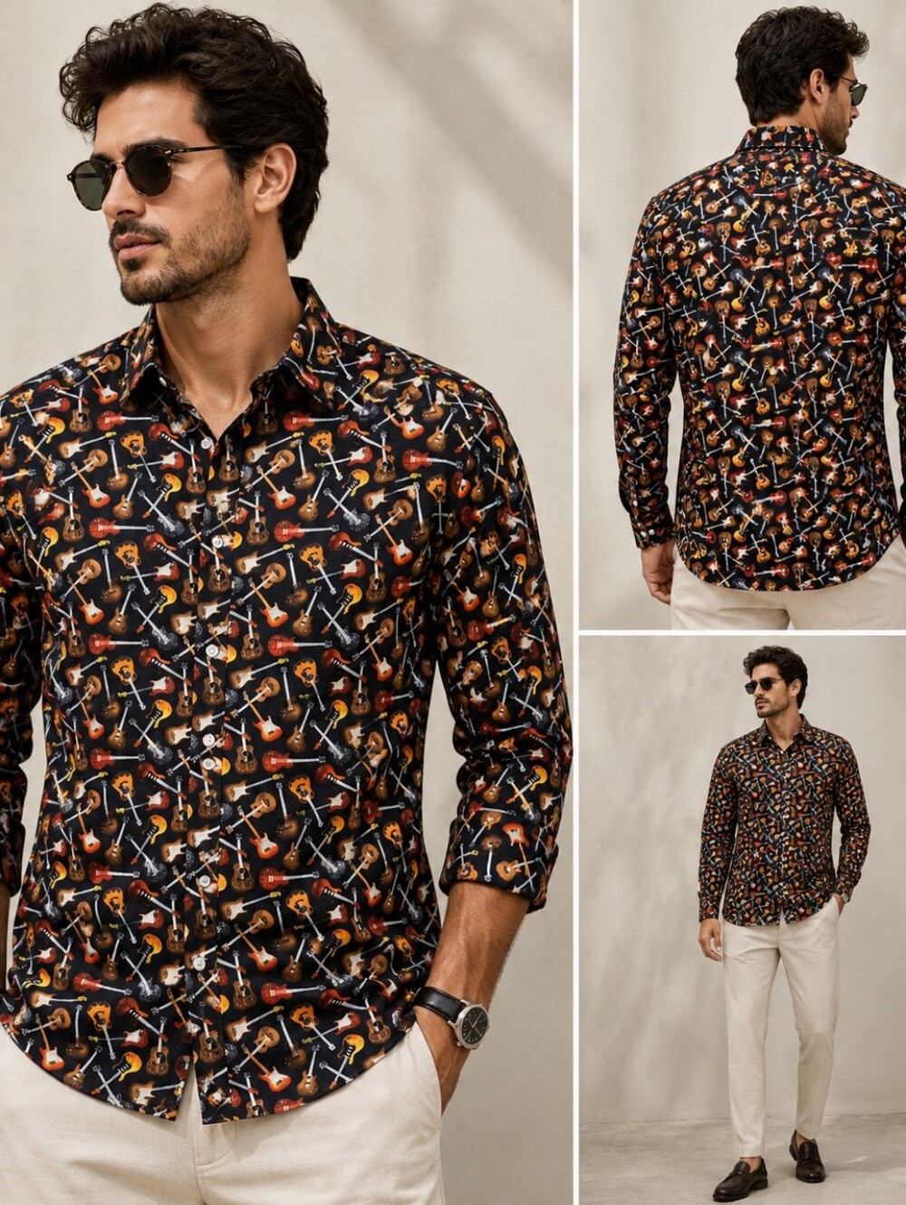 Daniel Cremieux Black Guitar-Print Button-Down Shirt